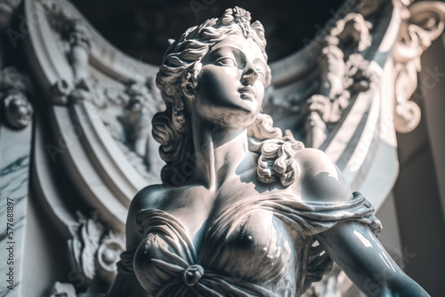 Marble sculpture of an ancient Greek goddess against the background of ancient architecture. Statue of a charming woman of the ancient era. created with ai