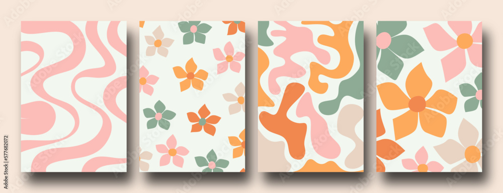 Retro Collection of abstract organic floral posters, Trendy vintage 70s style. Y2k aesthetic.