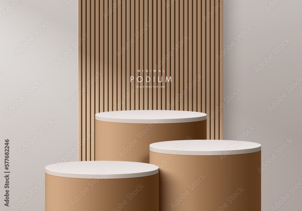 Brown and white stand product podium set 3D background with vertical wood pattern scene. Minimal wall scene mockup product stage for showcase, Banner promotion display. Abstract vector geometric forms - obrazy, fototapety, plakaty 