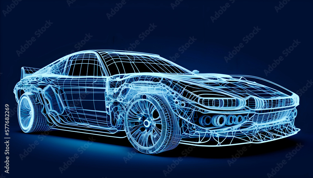 Fototapeta premium Frontside Futuristic AR car wireframe concept, generative ai, Augmented reality wireframe of car concept with blue background 