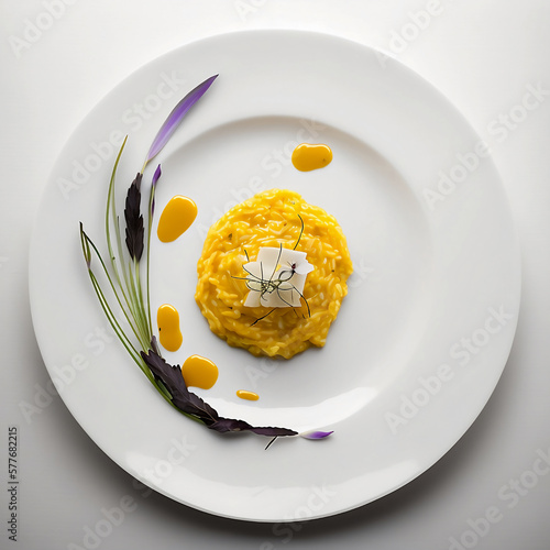 Photorealistic Gourmet Dish, Saffron Risotto in a White Plate, Topview Perspective - Generative AI