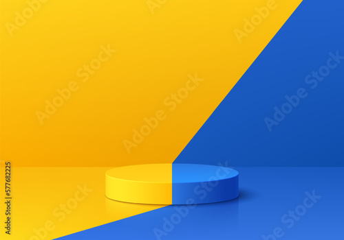 3D realistic yellow, orange and blue cylinder product pedestal podium background. Contrast color scene. Minimal wall mockup product stage showcase, Promotion display. Abstract vector geometric forms.