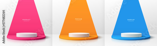 Set of 3D pink, orange, blue realistic cylinder products podium in white clean studio room. Minimal wall scene mockup product stage showcase, Banner promotion display. Abstract vector geometric forms.