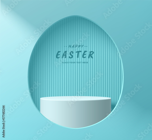 Blue white stand product podium happy easter day 3D background in egg shape window. Pastel minimal wall scene mockup product cylinder stage showcase, Promotion display. Abstract vector geometric form.