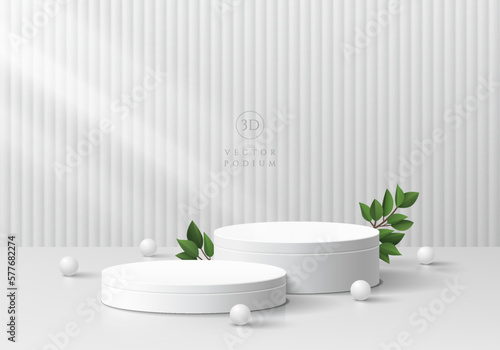 3D realistic white cylinder product pedestal podium background with green leaf. Minimal vertical pattern wall scene mockup product stage showcase, Promotion display. Abstract vector geometric forms.