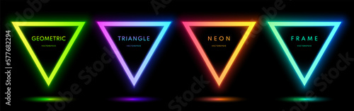 Blue, red-purple, green illuminate neon light triangles frame. Abstract cosmic vibrant colorful border. Top view futuristic style. Set of geometric glowing neon lighting isolated on black background.