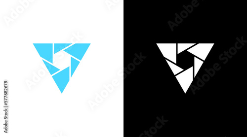 Triangle logo with camera aperture monogram icon Design template