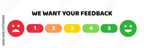 We want your feedback rate scale 1 to 5 score. Colorful feedback survey vector template on white background. Customer feedbacks survey opinion service.