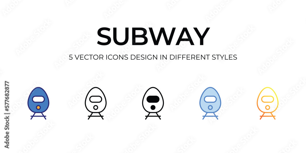 subway Icon Design in Five style with Editable Stroke. Line, Solid, Flat Line, Duo Tone Color, and Color Gradient Line. Suitable for Web Page, Mobile App, UI, UX and GUI design.