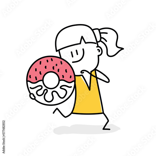 Stick figure. Happy girl runs with a donut
