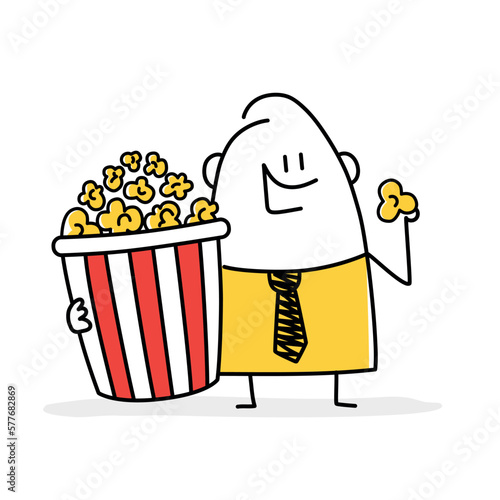 Man eating popcorn. Stick figure.