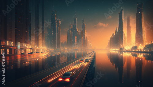 Futuristic cityscape with towering skyscrapers and flying cars  lit by neon lights and a beautiful skyline.