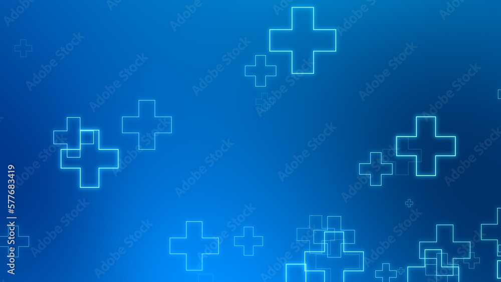 Medical health blue cross neon light shapes pattern background. Abstract healthcare technology and science concept. Medical health blue cross neon light shapes pattern background. Abstract healthcare technology and science concept.