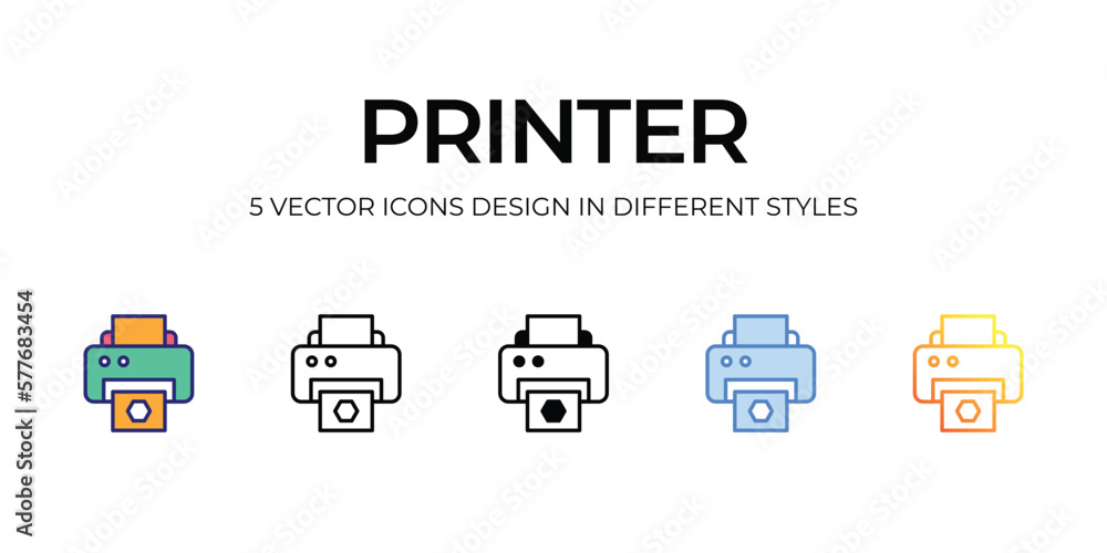 printer Icon Design in Five style with Editable Stroke. Line, Solid, Flat Line, Duo Tone Color, and Color Gradient Line. Suitable for Web Page, Mobile App, UI, UX and GUI design.