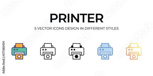 printer Icon Design in Five style with Editable Stroke. Line, Solid, Flat Line, Duo Tone Color, and Color Gradient Line. Suitable for Web Page, Mobile App, UI, UX and GUI design.