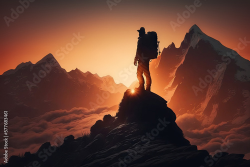Silhouette of a hiker on top of a mountain with a backpack. Generative AI