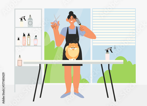 Groomer do haircut to dog. Women caring of domestic animal or pet - blow drying, cutting fur, washing. Colored vector illustration in flat cartoon style.