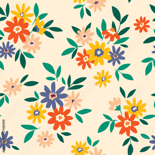 Seamless floral pattern, cute liberty ditsy print with summery retro motif. Beautiful botanical design with small colorful hand drawn flowers, tiny leaves on a white background. Vector illustration.