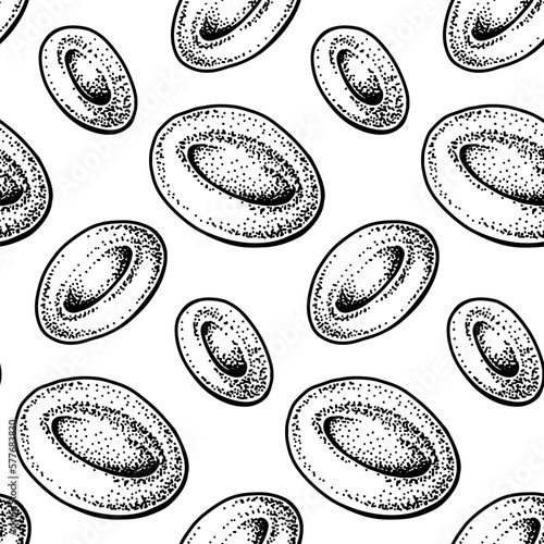 Red Blood cells seamless pattern. Hand drawn erythrocytes. Scientific biology illustration in sketch style