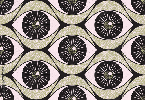 Seamless pattern with vintage new age print. Sketchy texture with a mystical pattern of open eyes. Trendy graphic background design with a magical vibe. Vector illustration.