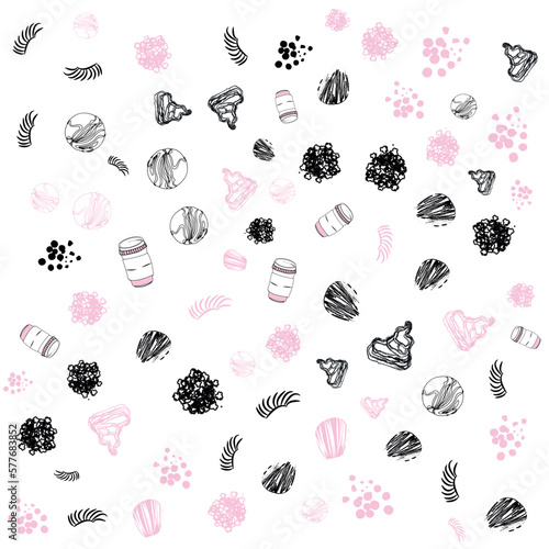Makeup beauty care red seamless pattern with flat line icons. Cosmetics illustrations of lipstick, mascara, perfume, eyeshadows, nail polish. Cute pink repeated wallpaper signs make up store.