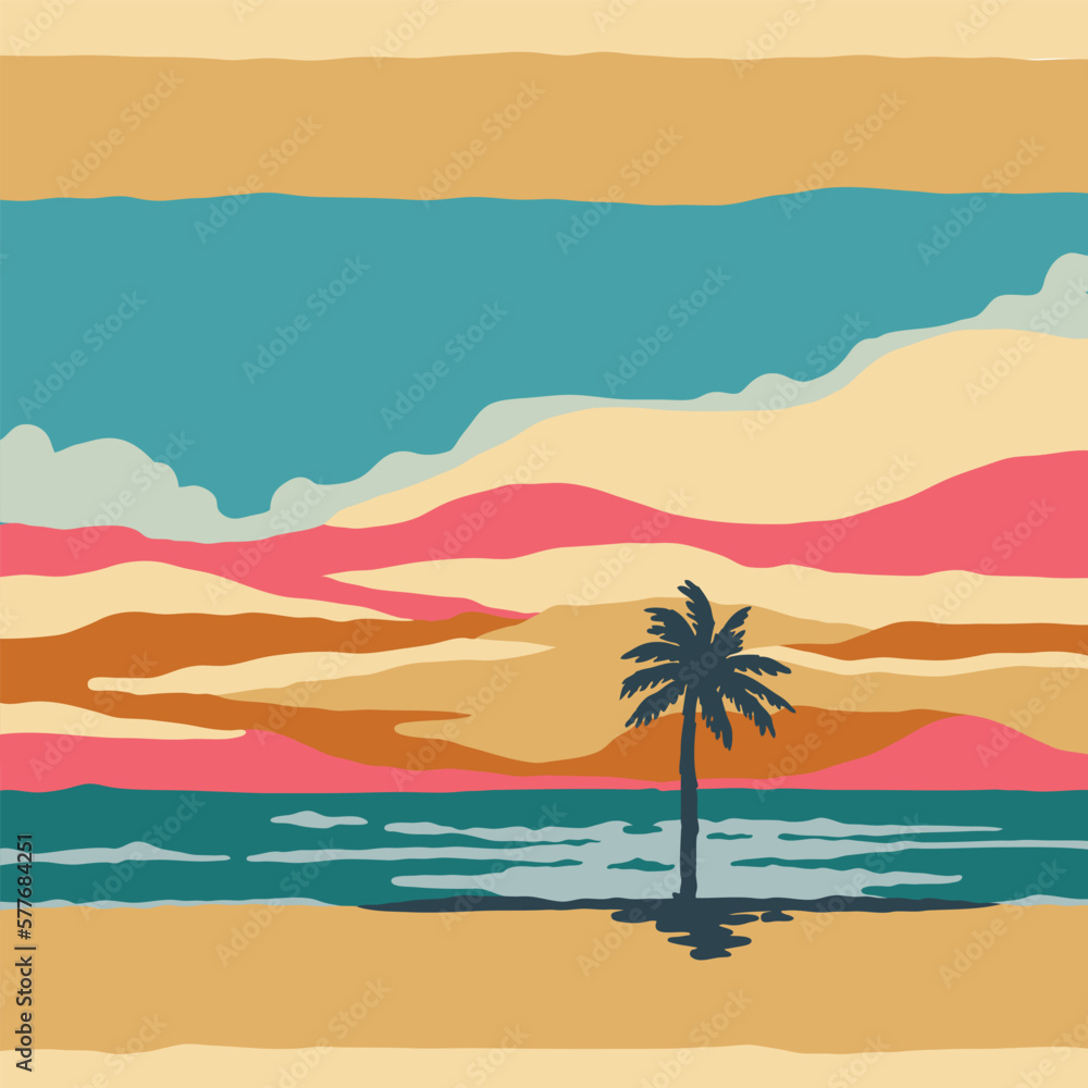A colorful vintage vibes illustration of a beach with a palm tree in the middle.