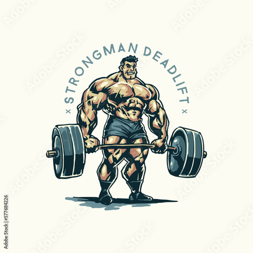 A cartoon image of a bodybuilder with the words strongman deadlift