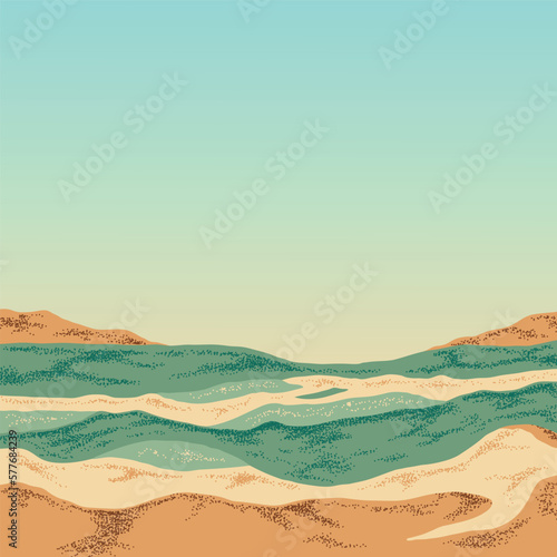 A vintage summer vibes beach scene with a blue ocean and a blue sky