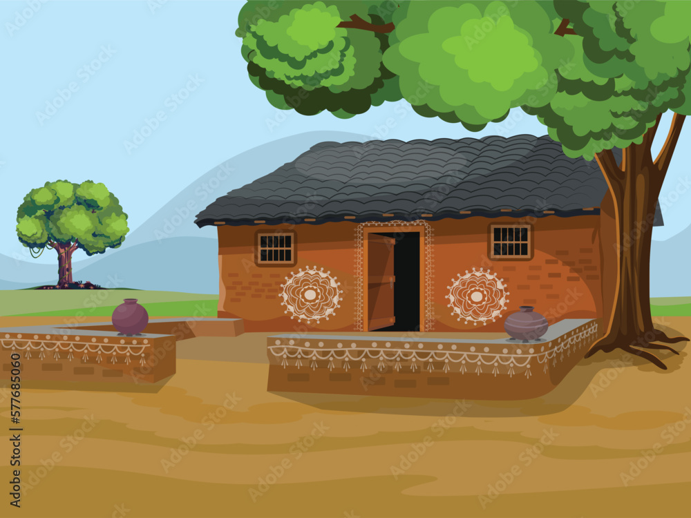 Indian village old house living area with the house. Indian farmer's house. Stock Vector Adobe