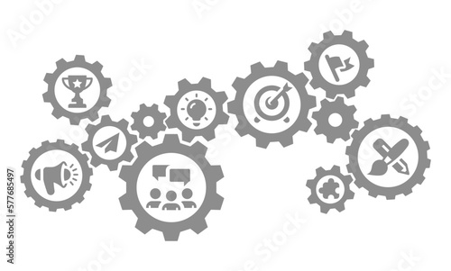 Business startup and gears vector icon template. Gear mechanism, flag, megaphone, team fill icons.