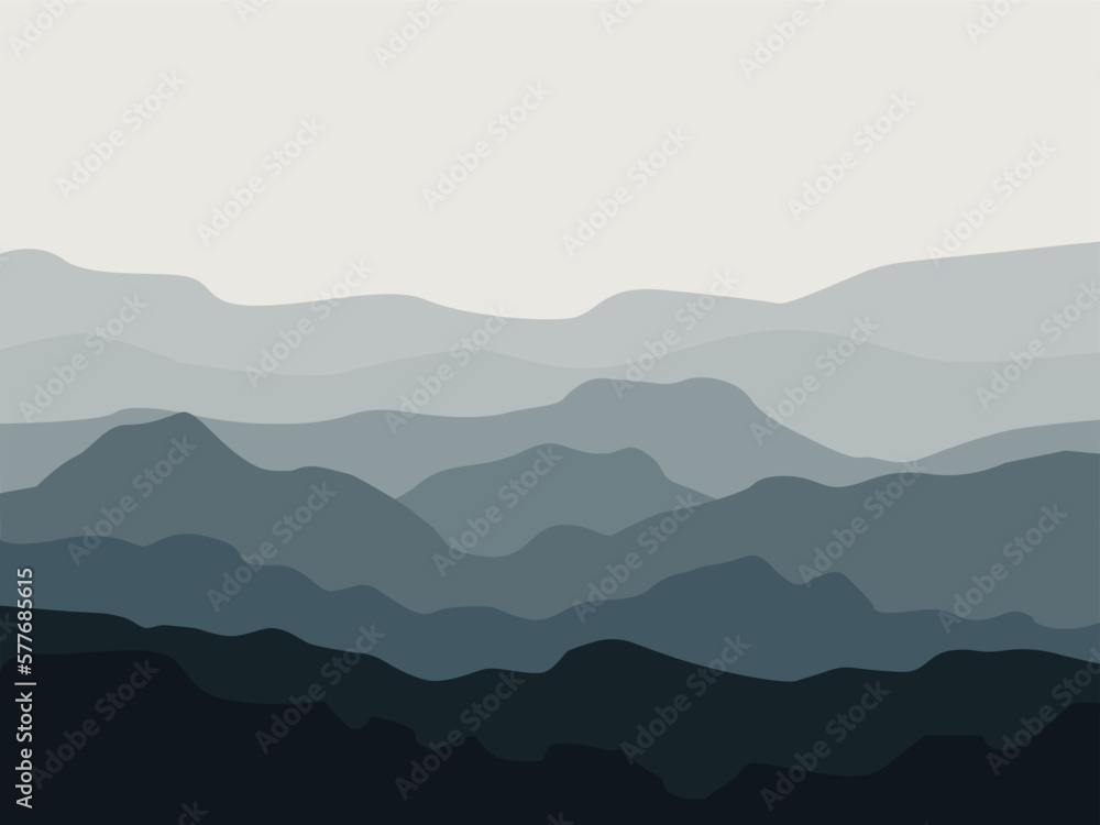 Mountain Infinite. Vector illustration of beautiful dark blue mountain landscape with fog and forest. sunrise and sunset in mountains.