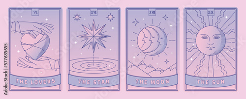 Feminine and beautiful illustration vector drawing with navy color line and pink and purple color tarot cards. Various compositions. Lovers, stars, moons, sun.