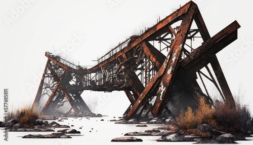 Ruined damaged rust bridge, post apocalypse object