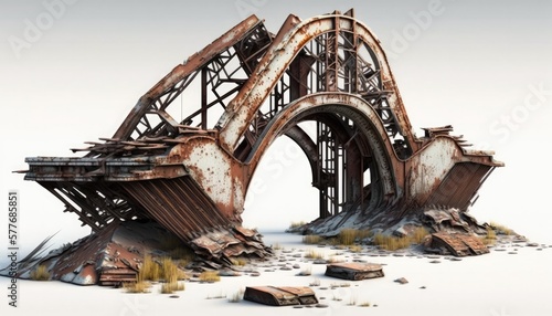Ruined damaged rust bridge, post apocalypse object