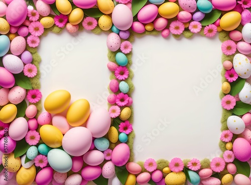 many colorful Easter eggs background with frame and copy space, Generative AI © lesslemon
