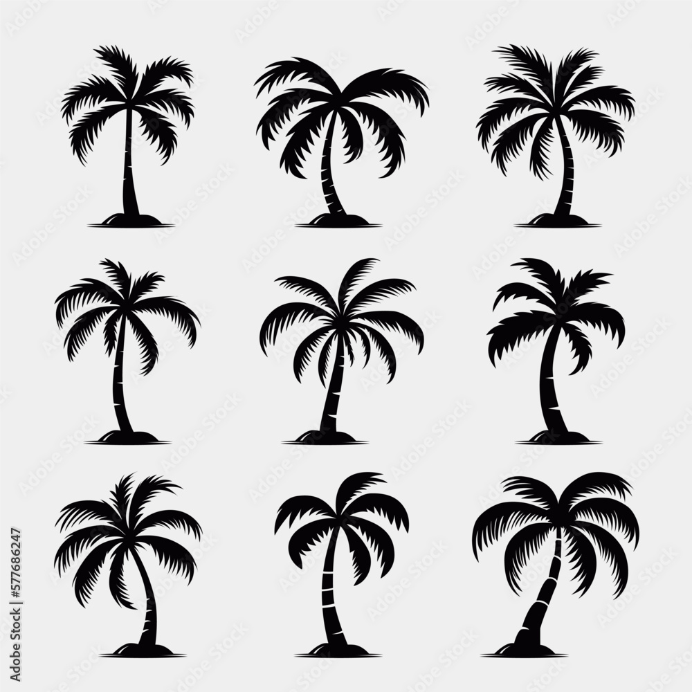 Vector Palm Trees, Palm Tree Icon Set Isolated. Palm Silhouettes. Design Template for Tropical, Vacation, Beach, Summer Concept. Vector Illustration. Front View