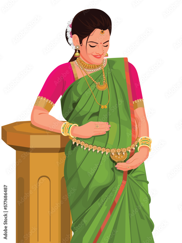 Indian pregnant woman, Concept for pregnancy.Indian woman in traditional  saree. Stock Vector