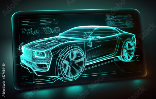 Car design on a tablet. In car design, it helps in the display, as further subtleties in the design can be easily implemented. AI generated illustration.