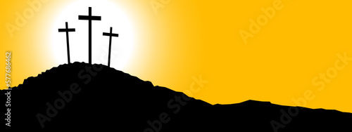 Good friday Easter background panorama vector illustration - Silhouette of Crucifixion of Jesus Christ in Golgota / Golgotha jerusalem israel, with sunrise sunbeams and three crucifix crosses