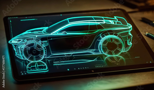 AI-generated image of a futuristic car design blueprint displayed on a tablet screen, on a dark desk with ambient lighting.