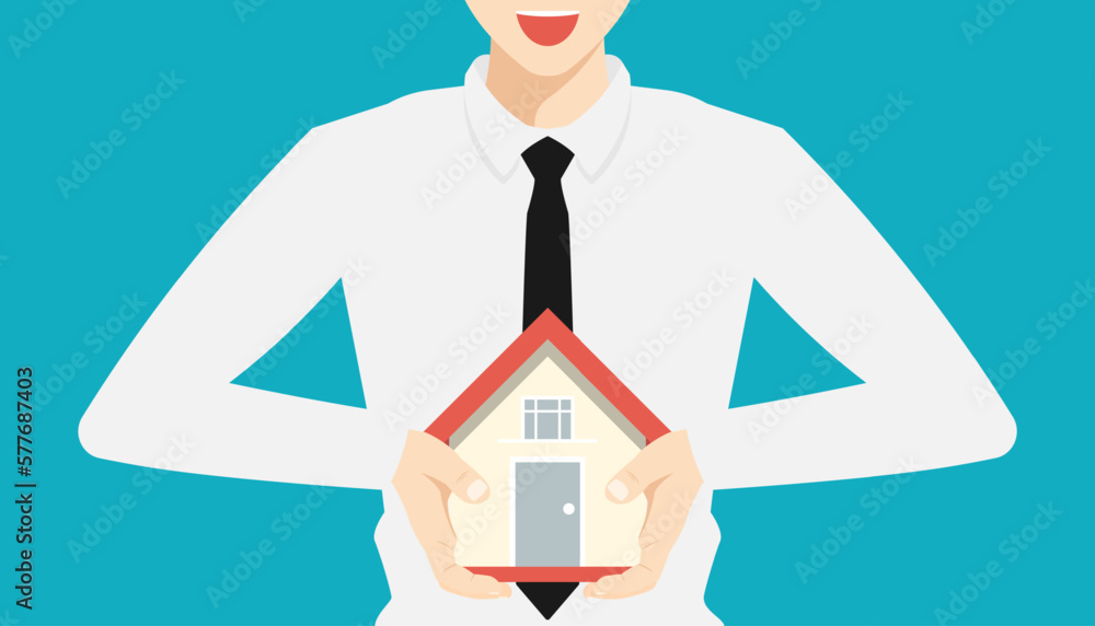 Saving income for future concept, Business man hold model housing on isolated background, Digital marketing illustration. Saving income for future concept, Business man hold model housing on isolated background, Digital marketing illustration.