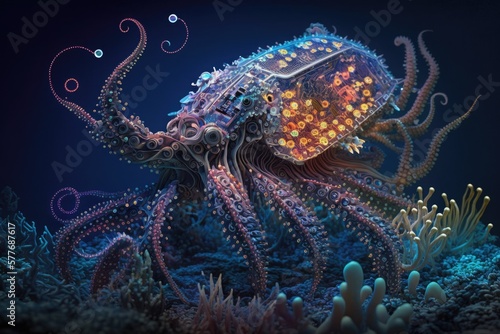 Mechanical imaginary underwater creature, part octopus, part device, detailed shell and many tentacles. AI generative imaginary creature underwater.