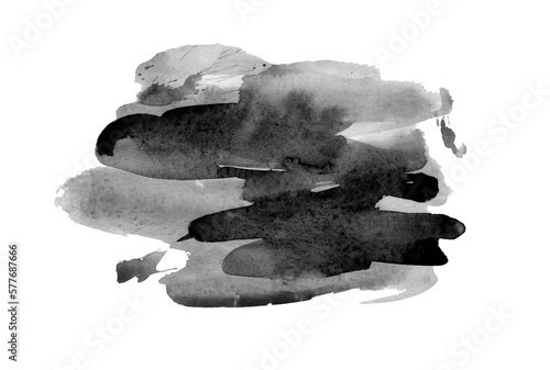 Art of Watercolor. Black spot on watercolor paper. Abstract gray spot on white background. Ink drop. Gray color. Abstract background and illustration texture for design and formalization.