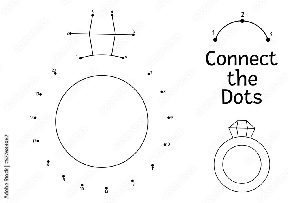 Vector dot-to-dot and color activity with cute wedding ring. Connect the  dots game for children bride and groom accessory. Marriage ceremony  coloring page for kids with jewelry. Stock Vector