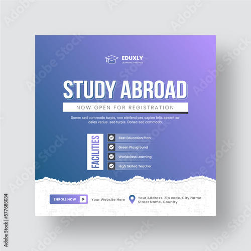 Study abroad banner template. School admission social media banner template or Social media post banner template. Back to school banner template. Online education banner. e-learning banner design.