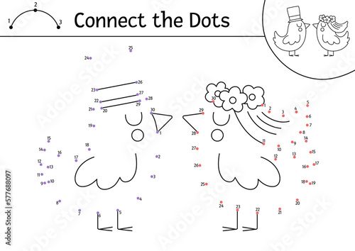 Vector dot-to-dot and color activity with cute just married birds couple. Wedding connect the dots game for children with animal bride and groom. Marriage ceremony coloring page for kids.