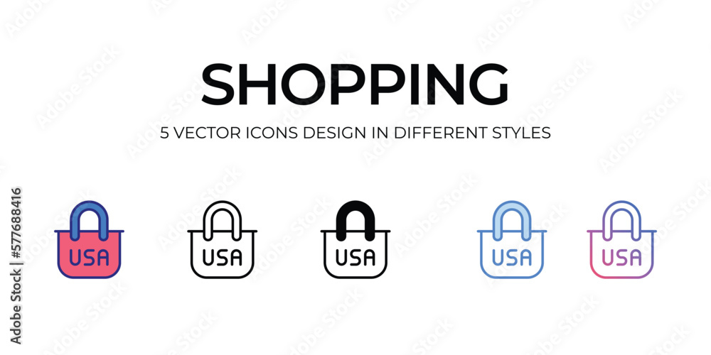 shopping  Icon Design in Five style with Editable Stroke. Line, Solid, Flat Line, Duo Tone Color, and Color Gradient Line. Suitable for Web Page, Mobile App, UI, UX and GUI design.