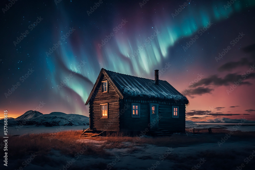 a living house for an expedition in the arctic north in winter in the snow against a backdrop of the glowing northern lights at night, stars in the sky. Generative AI a living house for an expedition in the arctic north in winter in the snow against a backdrop of the glowing northern lights at night, stars in the sky. Generative AI