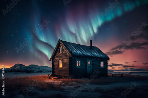 a living house for an expedition in the arctic north in winter in the snow against a backdrop of the glowing northern lights at night, stars in the sky. Generative AI
