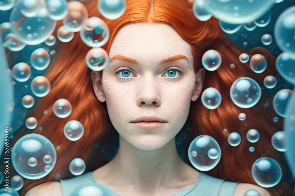 Portrait of a vivid red-haired young woman and bubbles AI generated art